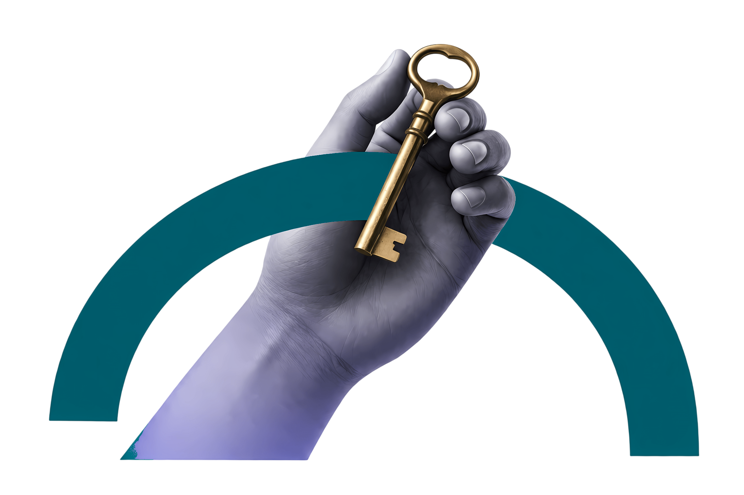 Hand holding a key over a blue arc